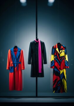 Elegant designer garments displayed against a tall glass pane featuring soft blurred reflections and artistic lighting for a moody look, polished, symmetry, contemporary