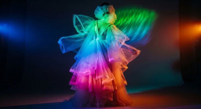Elegant fashion attire illuminated by dynamic strobe effects, showcasing layered textures and prismatic color shifts in a studio setting, photography, shades, glowing