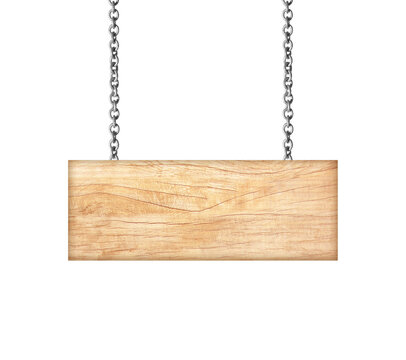 Wooden sign hanging on a chain isolated on white