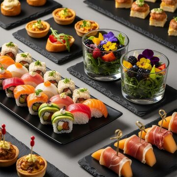 A lush buffet table showcasing diverse appetizers, assorted seafood rolls, vibrant salads, and gourmet finger foods for a social event, finger food, fresh, reception