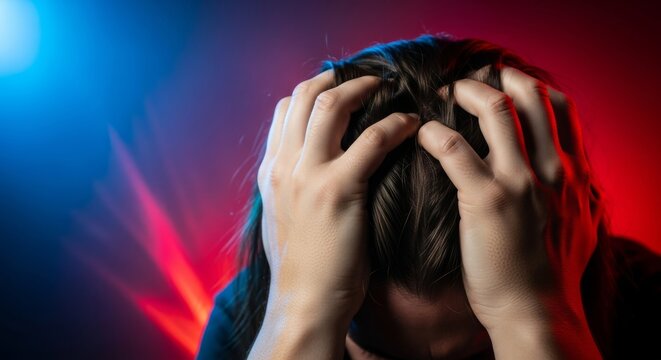 Intense emotional distress shown through hands gripping a head in despair, highlighting internal struggle, mental fatigue, and deep sorrow, despair, gloomy, quiet