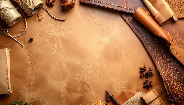 ブラウンのレザーテクスチャー背景の周囲にレザークラフト道具と革製品とスパイスが並ぶフラットレイ
