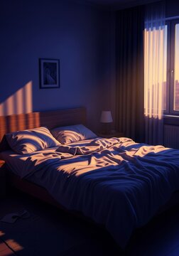 Low light bedroom setting with long shadows across an unmade bed, evoking a sense of deep solitude, melancholy, and quiet despair at night, isolation, dimly lit, floor