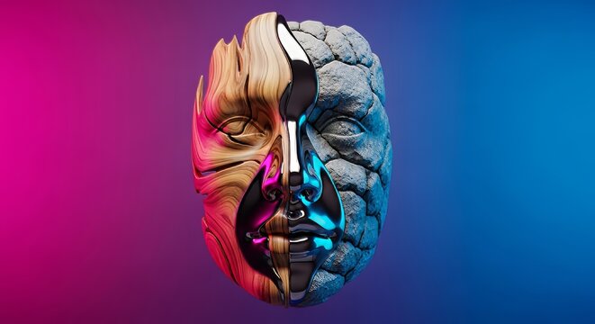 A conceptual sculpture of facial features merging distinct textures of organic wood grain, rough grey stone, and reflective liquid metal, element, bark, rendering
