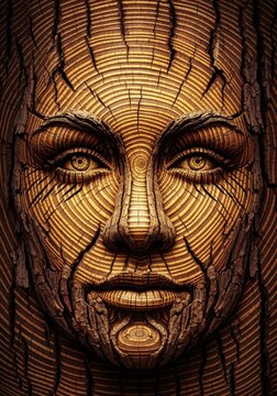 A conceptual view of textured bark forming face features integrated into concentric tree rings representing time and natural growth cycles, detail, visual, organic