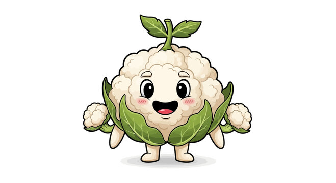 Cute Cauliflower Character with Big Smile and Green Leaves, Vector Art