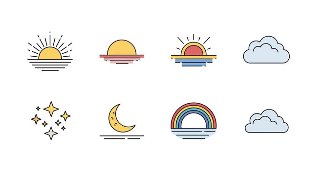Weather icons with sun moon rainbow.