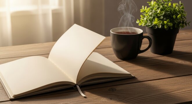 An open linen notebook lies on a rustic wooden table beside a ceramic mug of tea and a green plant in soft morning light near a window, writing, foliage, morning