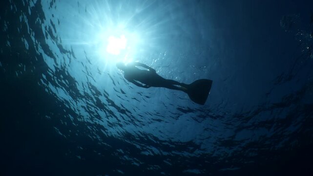 freediver apnea woman free diving underwater with nice lightning sun beams and rays , female skin diver