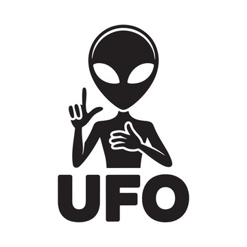 Black silhouette of an alien gesturing with hand over heart and UFO