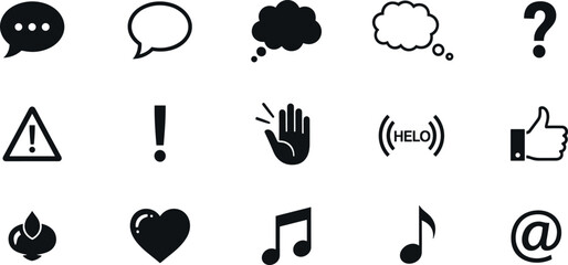 Communication and expression solid icon set featuring chat symbols alert feedback music emotions and social interaction signs © MDSOHAG