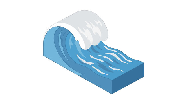 Isometric illustration of a breaking ocean wave with frothy crest and turquoise water design