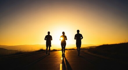 Fototapeta premium Dark shapes jogging along a scenic path toward a bright golden horizon. Back view silhouettes moving into the morning light at daybreak, orange, endurance, glowing