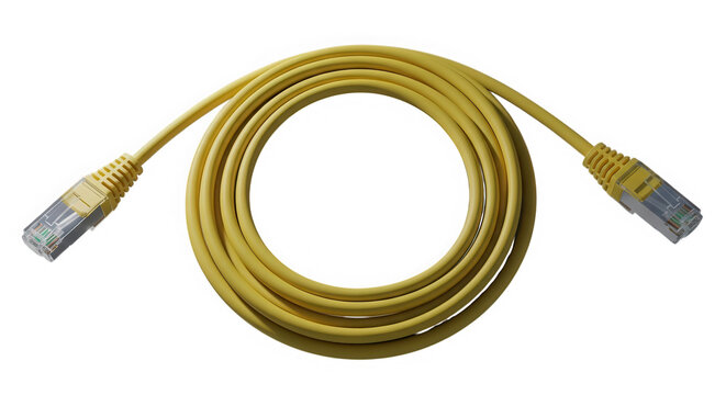 A bright yellow ethernet network cable coiled into a circular shape with rj45 connectors attached isolated on transparent background