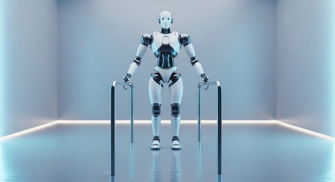 Advanced healthcare robot stands between chrome parallel bars in a minimalist clinical gym, providing automated support for mobility training, equipment, rehabilitation, interior