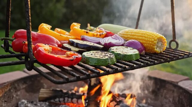 Grilled vegetables on a barbecue over an open fire pit with vibrant bell peppers, zucchini, onions, and corn