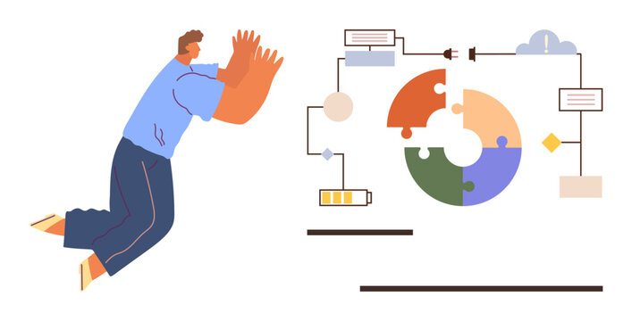 Workflow management, automation, technology solutions, productivity, human interaction, and innovation. A person analyses a digital flowchart with technology icons and puzzle graphics. Workflow