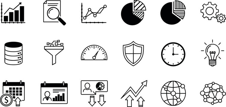Business analytics and finance line icons set vector illustration with charts dashboard database speedometer and network symbols