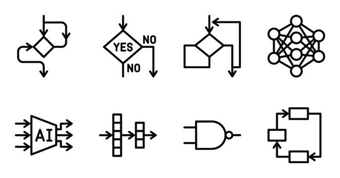 Collection of abstract technology symbols including flowcharts neural network and AI logic gates.