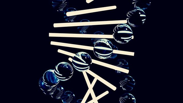 Transparent blue glass DNA helix rotating on a clean black background. Futuristic genetic science concept ideal for healthcare, biotechnology, research, and medical media