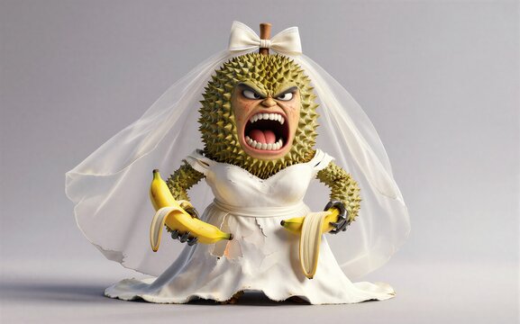 Angry durian bride in wedding gown holding bananas with fierce