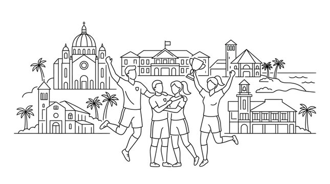 Joyful Group of People Celebrating Victory in Line Art Style.