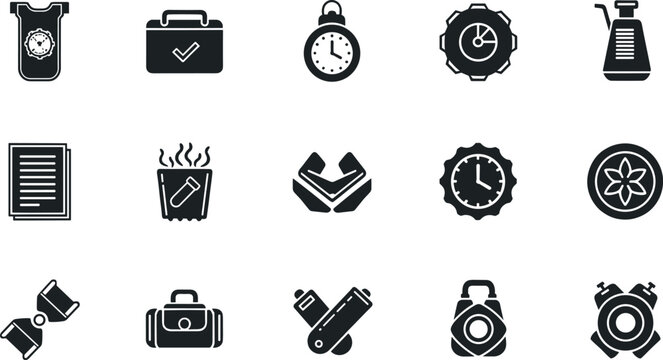 Coffee shop and cafe icon set featuring espresso cup menu timer barista tools equipment in modern flat vector style