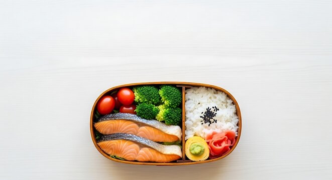 Healthy Japanese bento box with salmon, rice, broccoli, and pickled ginger
