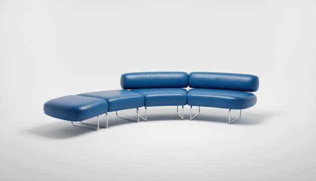 A modern, modular, curved blue leather sofa with chrome legs on a white background.