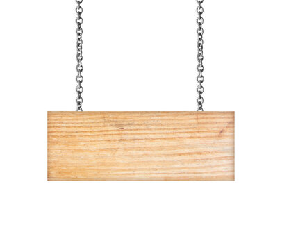 Wooden sign hanging on a chain isolated on white