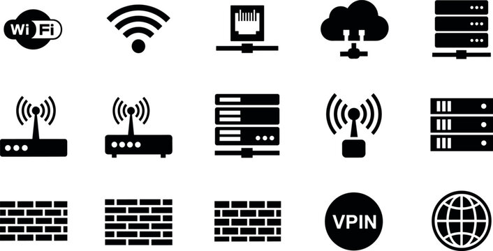 Network and cybersecurity icon set featuring WiFi servers firewall VPN data center connectivity and internet infrastructure symbols