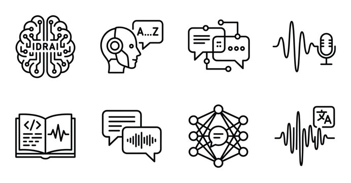 Icons representing artificial intelligence concepts and audio technology.