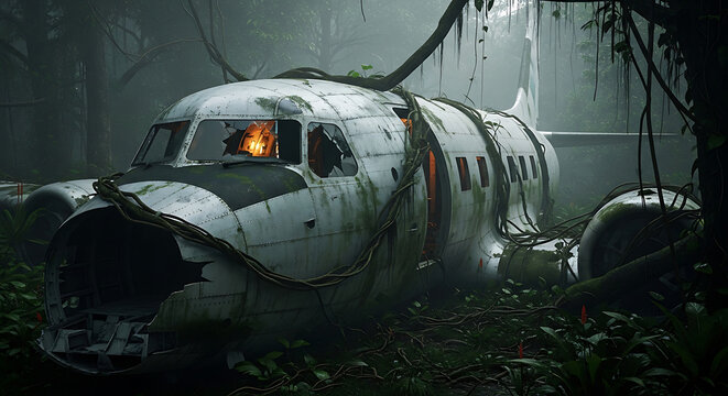 airplane crash wreckage an abandoned aircraft fuselage overgrown by vines in a dense jungle evoking mystery and forgotten adventure