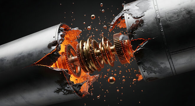 mechanical gears revealed in a dramatic pipeline rupture with molten metal erupting and glowing symbolizing industrial breakdown and powerful energy