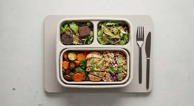 Healthy meal prep lunchbox with chicken and roasted vegetables for nutritious eating