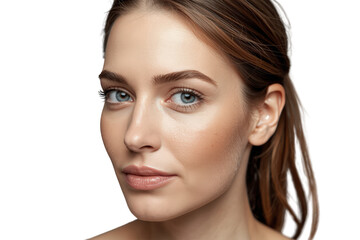Fototapeta premium Young woman with natural healthy skin looking at camera, female beauty and skincare concept on transparent background