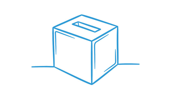 A simple hand drawn illustration depicts a blue ballot box with a slot for voting