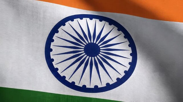 Close-up of the Indian flag with a blue wheel design on a white background with orange and green stripes