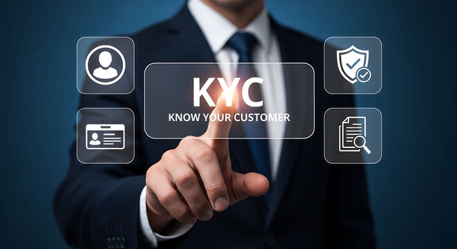 Businessman touching KYC Know Your Customer virtual interface for identity check