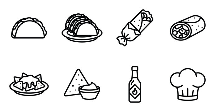 Taco, plate of tacos, burrito, filled burrito, nachos, tortilla chips with dip, hot sauce bottle, chef hat.