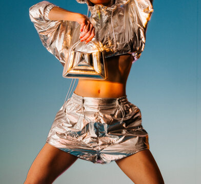 Futuristic Silver Metallic Fashion Dance Pose