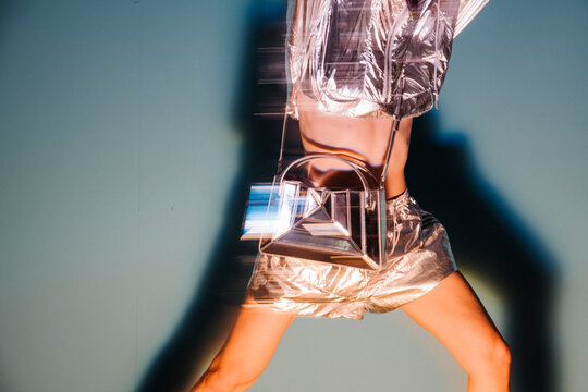 Metallic Fashion Runway Look With Silver Bag