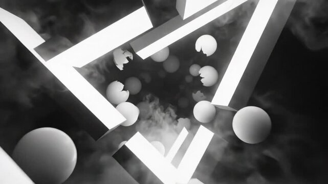 Abstract grayscale animation of white geometric shapes and spheres floating in smoke