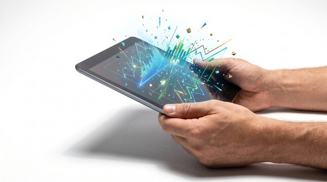 The power of data visualization and information flow emerging from digital devices, isolated on white background.