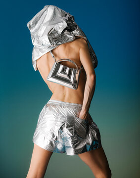 Futuristic Silver Outfit Back View With Bag