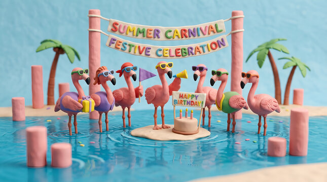 Happy Birthday, summer party, travel carnival festive celebration, funny animals card banner panorama - Group collection set of colorful flamingos wit.