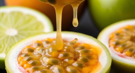 Obraz premium Fresh passion fruit pulp dripping with juice