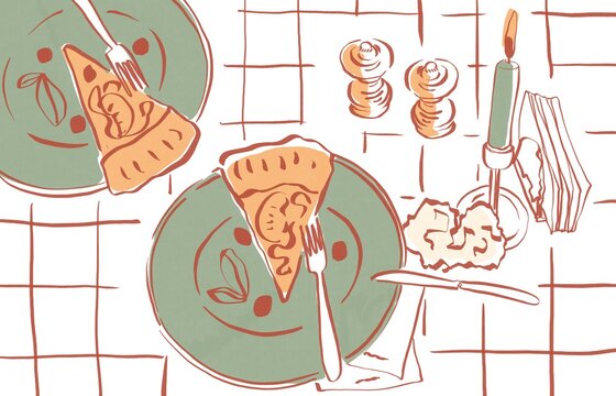 Pizza Dinner in Restaurant Top View Illustration