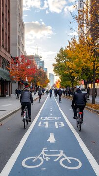 A city street with a bike lane and people riding bicycles