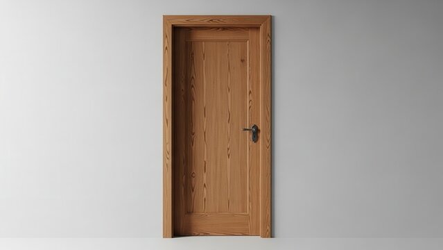 Modern wooden door design with dark handle against a clean minimalist gray wall in an empty room